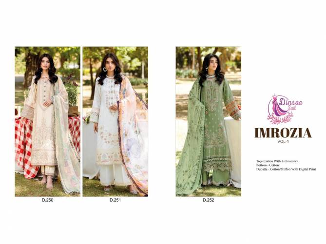 Imrozia Vol 1 By Dinsaa Cotton Embroidery Pakistani Suits Wholesale Market In Surat